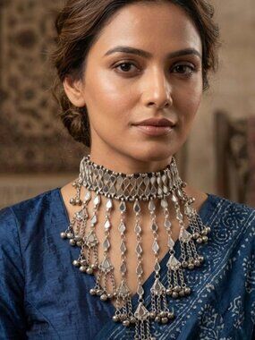 Tribal Mirror Choker Necklace: Ethnic Silver Tassel Jewelry